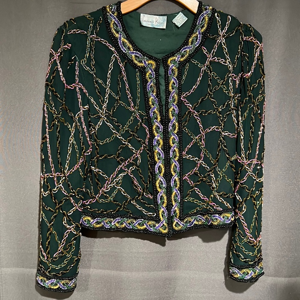 Laurence Kazar green, purple, black, gold, silver crop vintage sequin blazer